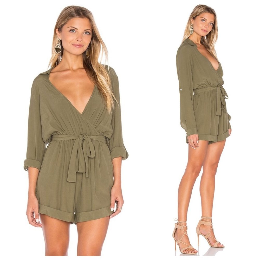 Revolve MINKPINK Khaki Long Sleeve Wrap Romper